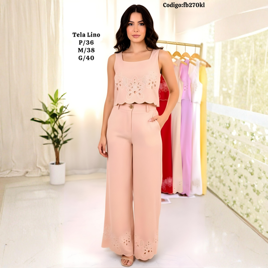 Conjunto Lino Premium (Top + Palazzo) con Bordado Floral — Elegancia Fresca