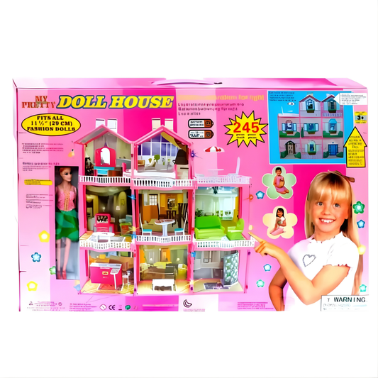 Casa de Muñecas Gigante 3 Pisos “Dream House” con Luz + Muñeca – 245 Piezas (Rosa)
