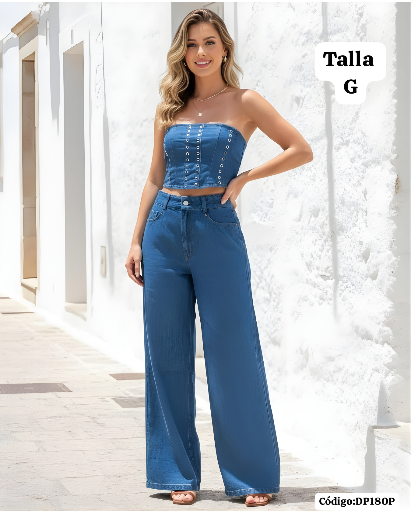 Conjunto jean delgado 2 piezas strapless con pantalón Palazzo para mujer | Mundo Carlita