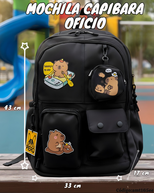 Mochila Escolar Capibara Tamaño Oficio 43×32×17 cm | Lona Semiimpermeable + Estuche Colgante