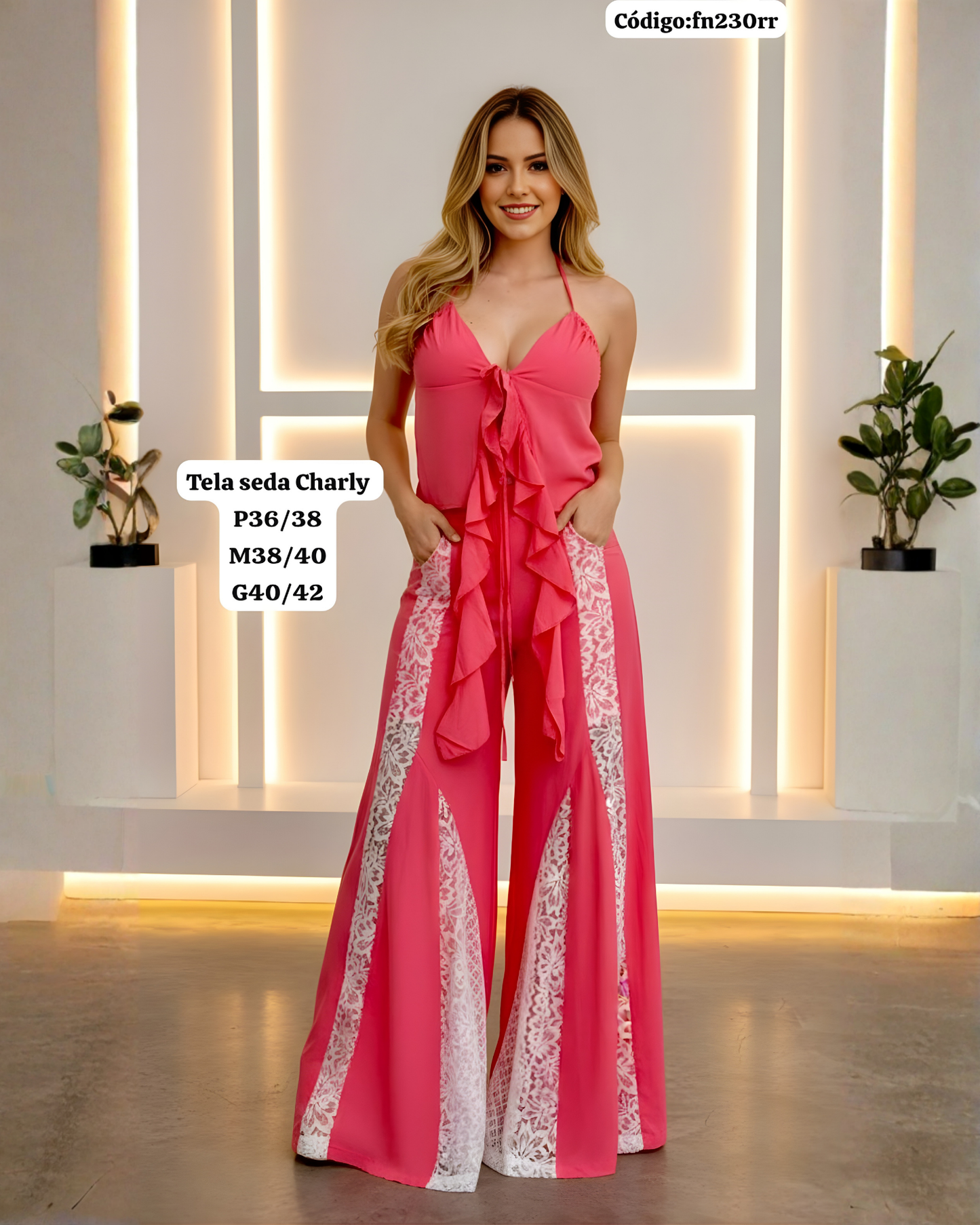 Conjunto Seda Charly con Encaje: Top con Volados + Palazzo Elegante