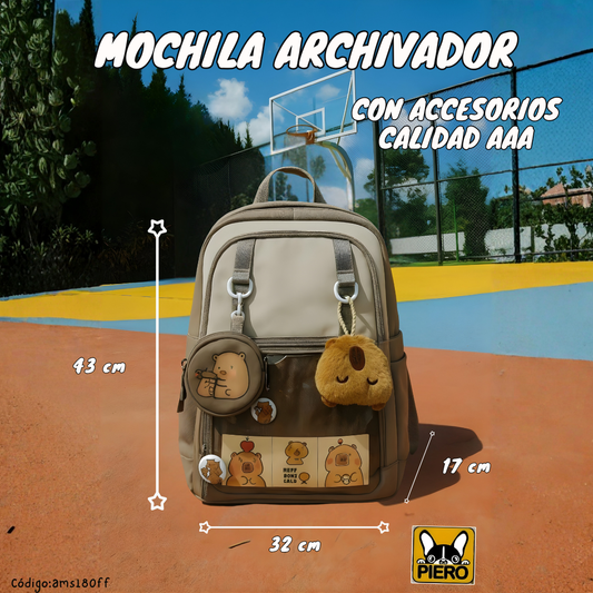 Mochila Archivador Capibara con Accesorios – 43×32×17 cm (Tamaño Oficio)
