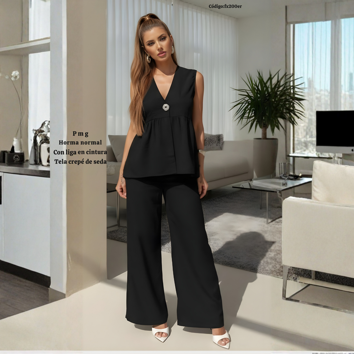 Conjunto Elegante Palazzo con Blusa Peplum – Crepé de Seda y Cintura Ajustable