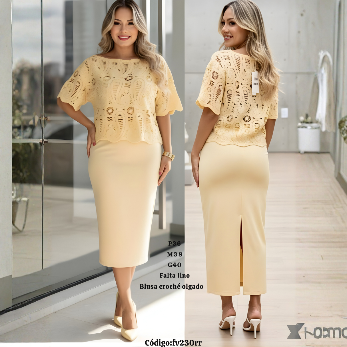 Conjunto Elegante Tejido Calado + Falda Lino Midi – Look Sofisticado (2 Piezas)