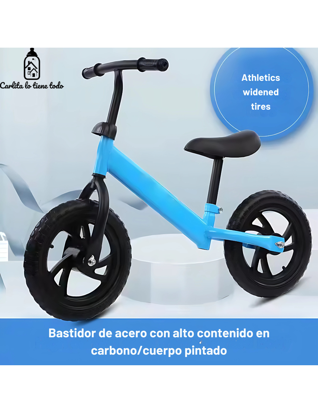Bicicleta de Equilibrio 12″ para Niños 2–5 Años | Ruedas Antipinchazos, Asiento Ajustable | Celeste y Rosado