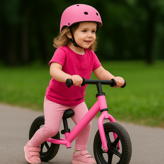 Bicicleta de Equilibrio 12″ para Niños 2–5 Años | Ruedas Antipinchazos, Asiento Ajustable | Celeste y Rosado