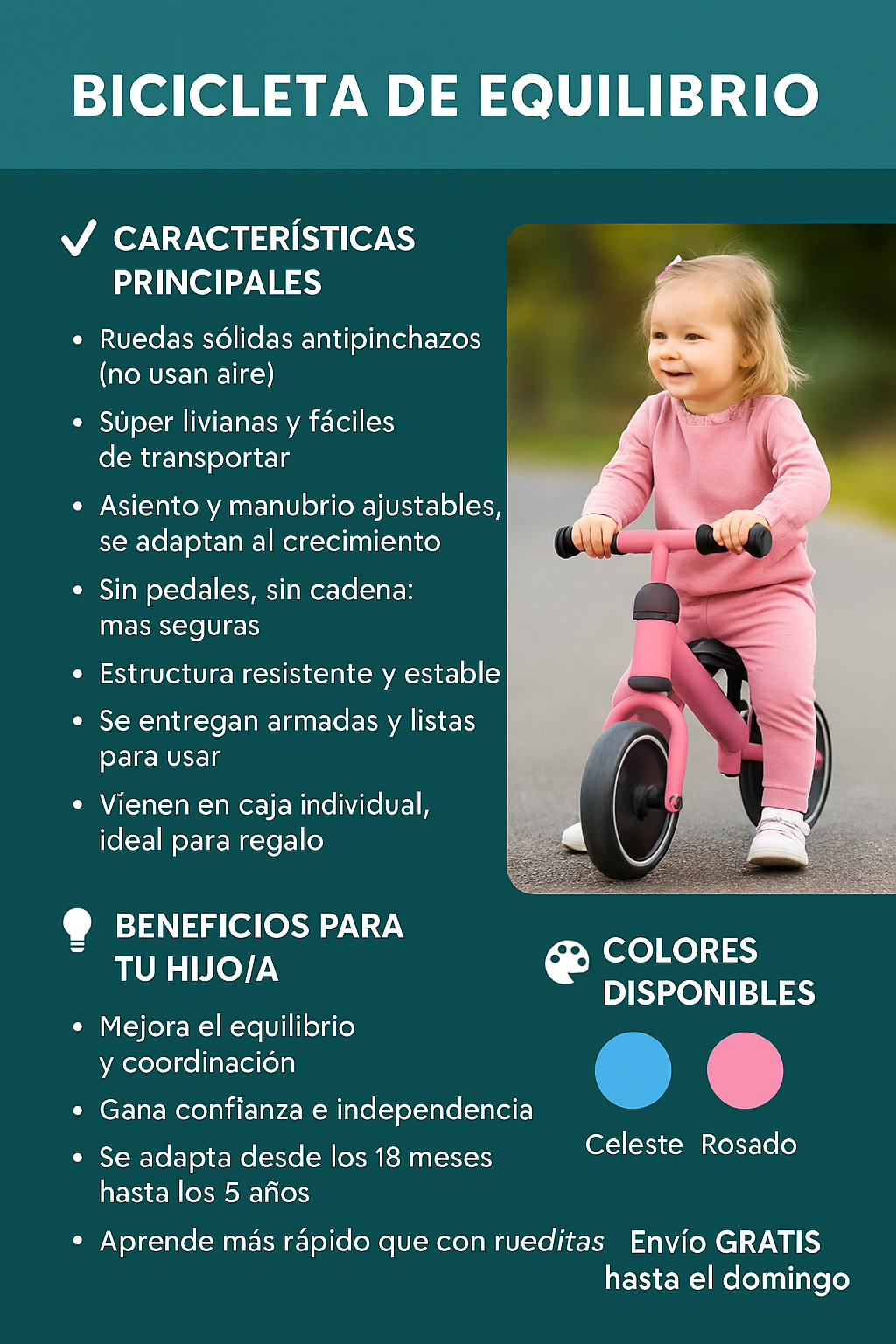 Bicicleta de Equilibrio 12″ para Niños 2–5 Años | Ruedas Antipinchazos, Asiento Ajustable | Celeste y Rosado