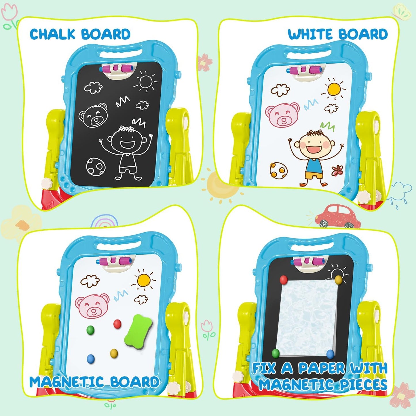 Pizarra Infantil Magnética 2 en 1 Doble Cara (Blanca/Negra) Giratoria 360° con Accesorios