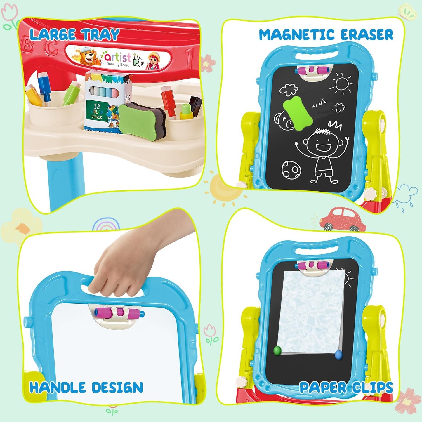 Pizarra Infantil Magnética 2 en 1 Doble Cara (Blanca/Negra) Giratoria 360° con Accesorios