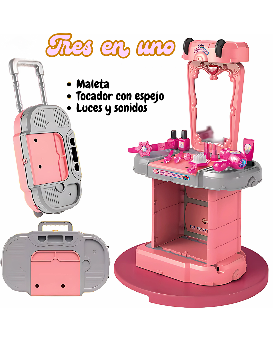 Tocador Infantil 3-en-1 con Luces y Sonido (71 cm) — Maletín, Trolley y Tocador