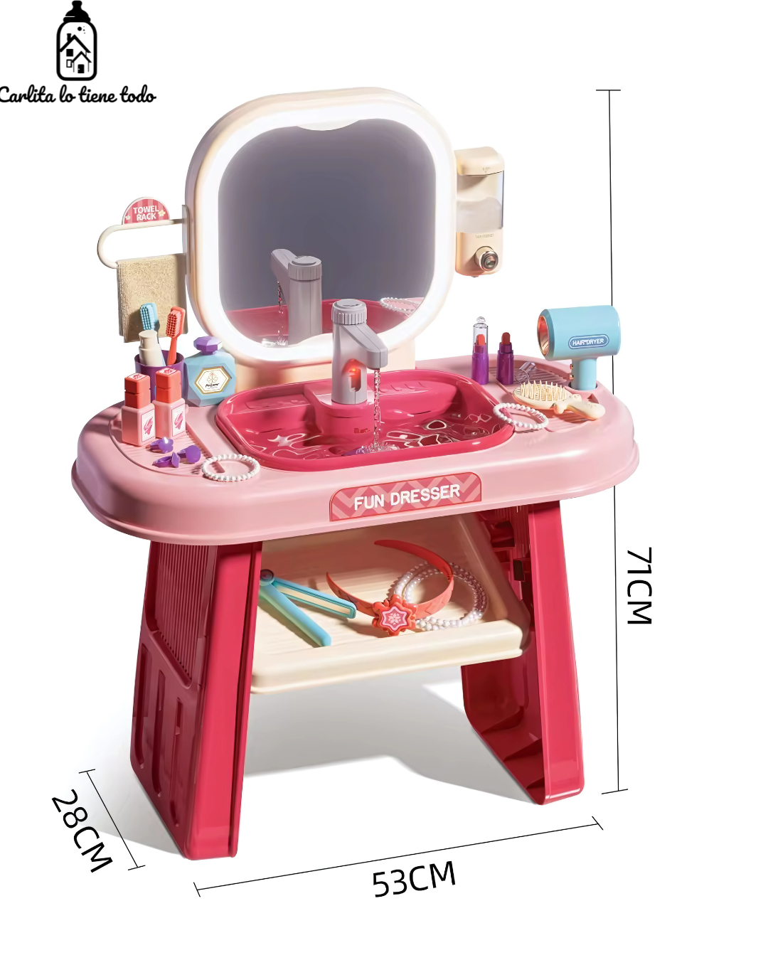 Tocador Infantil 3 en 1 con Agua Real, Luz LED y Accesorios – Juguete Educativo para Niñas