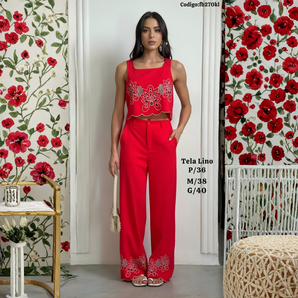 Conjunto Lino Premium (Top + Palazzo) con Bordado Floral — Elegancia Fresca