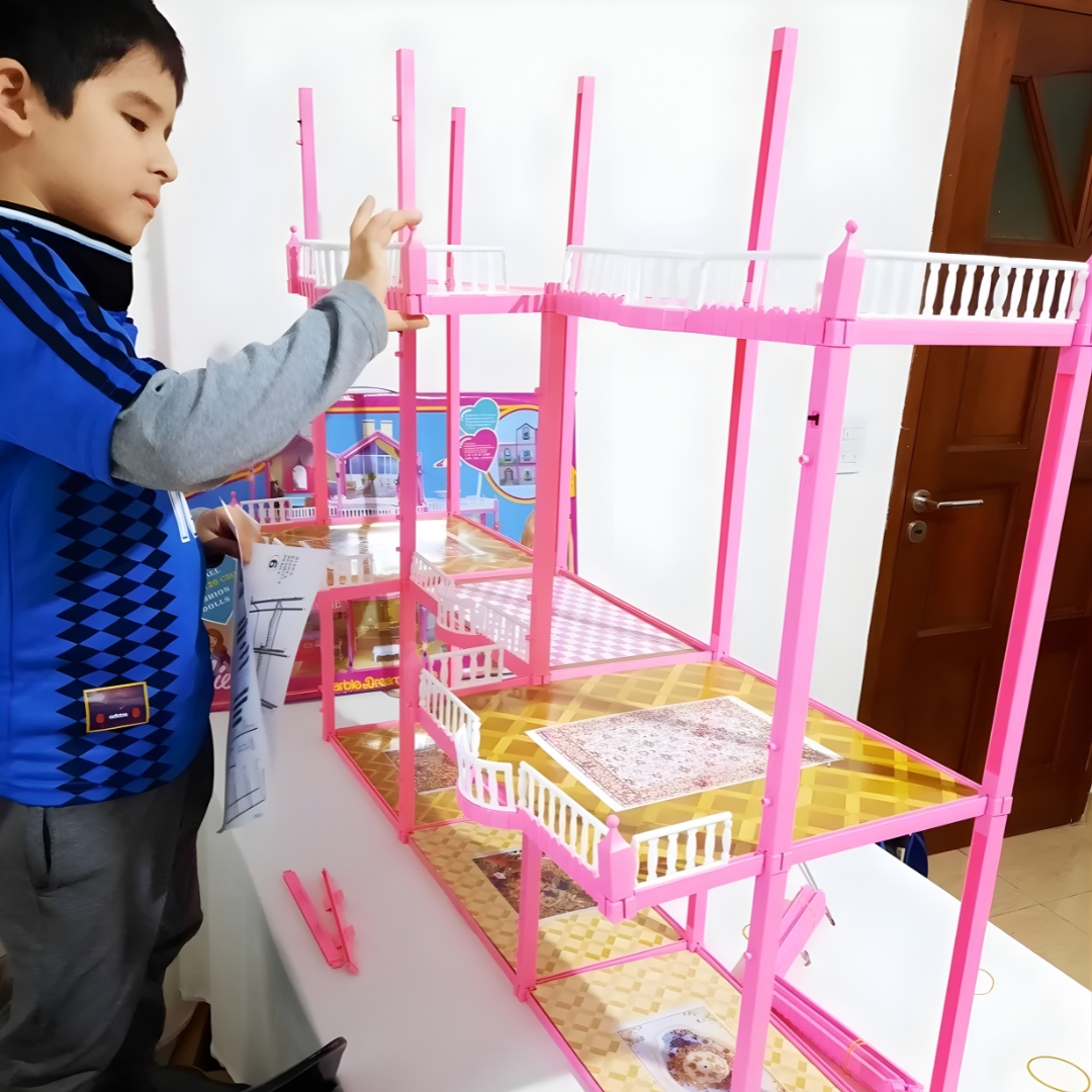 Casa de Muñecas Gigante 3 Pisos “Dream House” con Luz + Muñeca – 245 Piezas (Rosa)