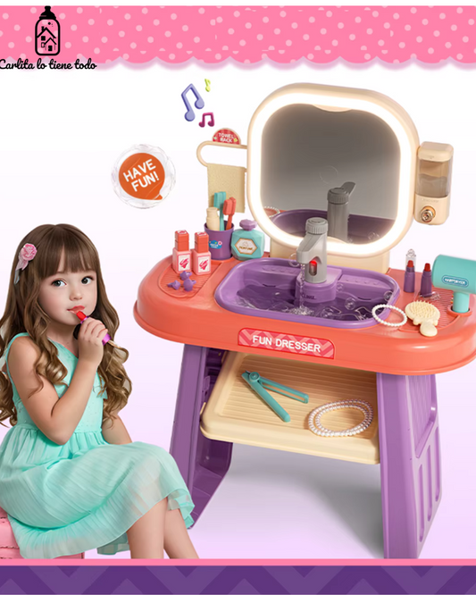 Tocador Infantil 3 en 1 con Agua Real, Luz LED y Accesorios – Juguete Educativo para Niñas