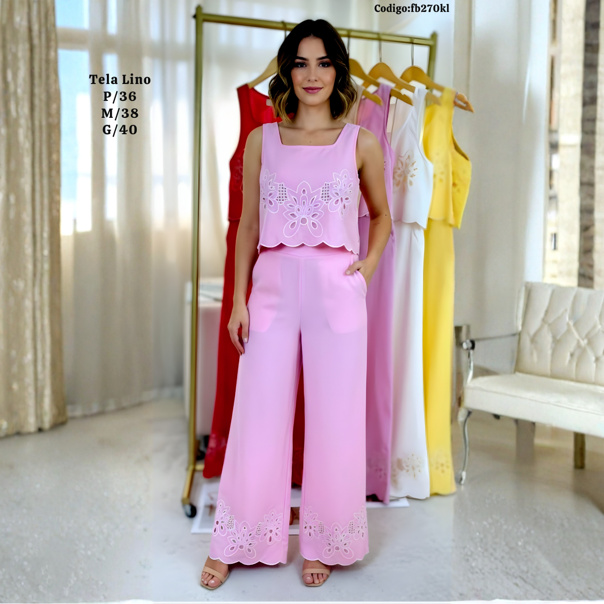 Conjunto Lino Premium (Top + Palazzo) con Bordado Floral — Elegancia Fresca