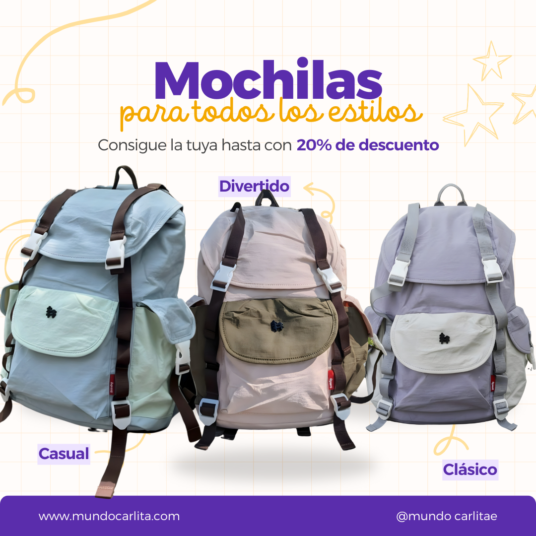 Mochila Tamaño Oficio 43×34 cm con Tapa | Variantes Casual, Divertido y Clásico