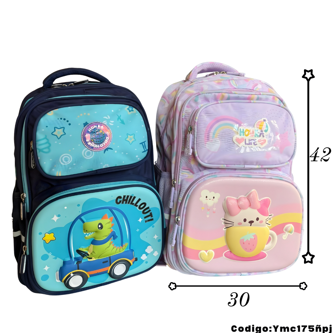 Mochila Escolar Infantil Primaria 42×30 cm con Bolsillos | Variantes Dino y Arcoíris