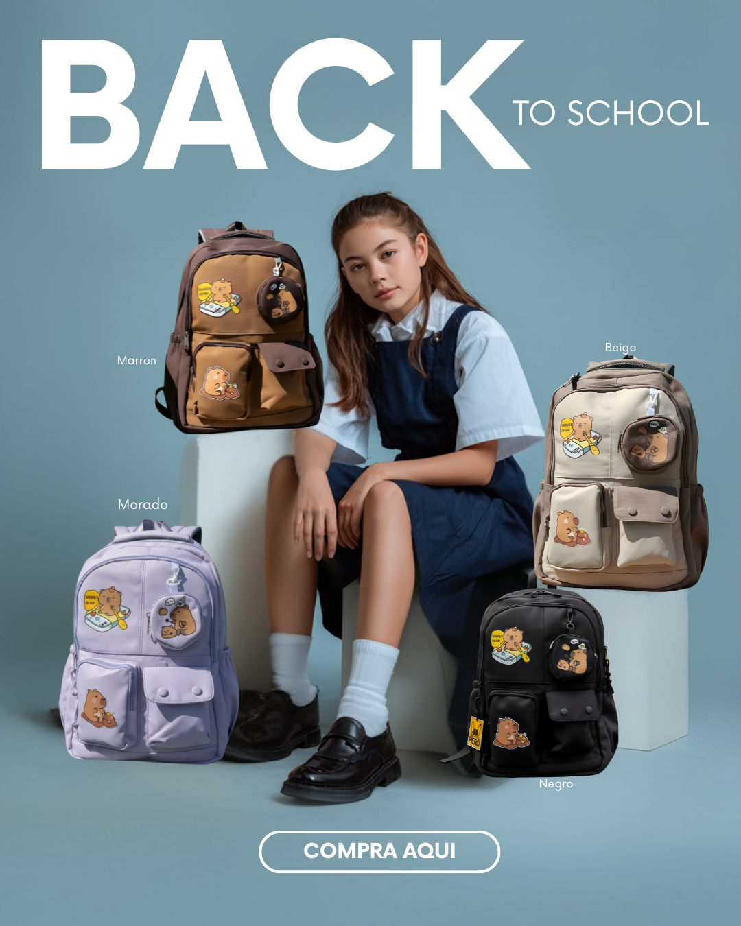 Mochila Escolar Capibara Tamaño Oficio 43×32×17 cm | Lona Semiimpermeable + Estuche Colgante