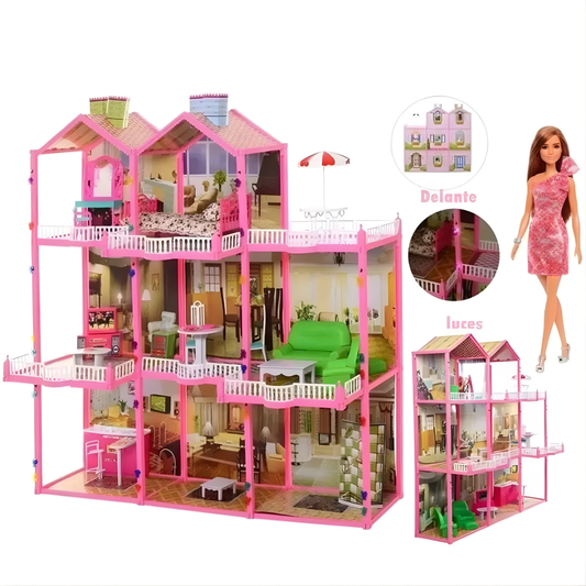 Casa de Muñecas Gigante 3 Pisos “Dream House” con Luz + Muñeca – 245 Piezas (Rosa)