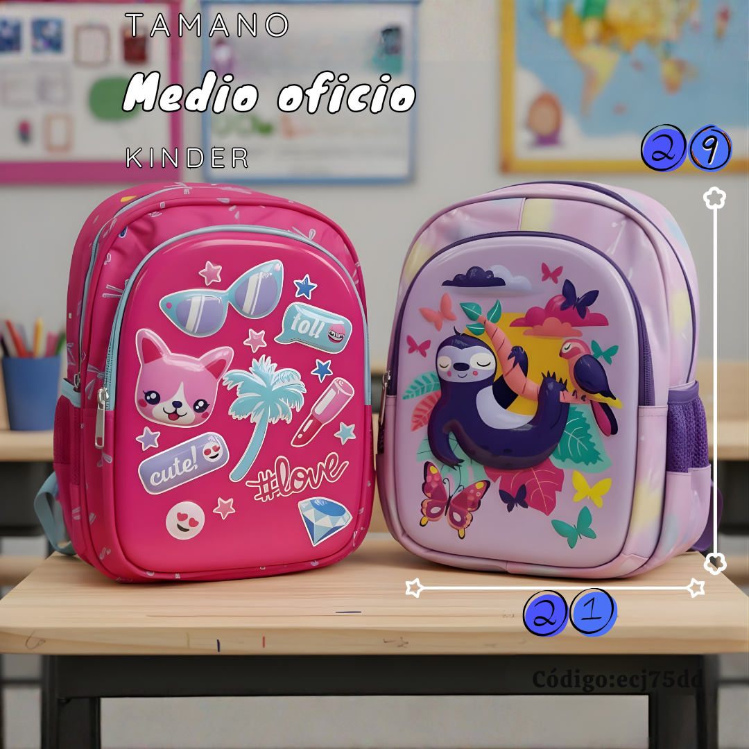 Mochila Infantil Kinder Medio Oficio 29×21 cm | Perrita Cute y Perezoso Tucán