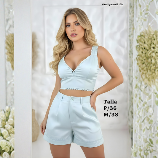 Conjunto Short + Top Escote V con Encaje — Elegante, Cómodo y Femenino