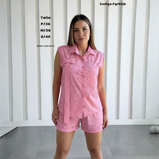 Conjunto Camisero con Perlas + Short con Licra — Elegancia Fresca y Cómoda
