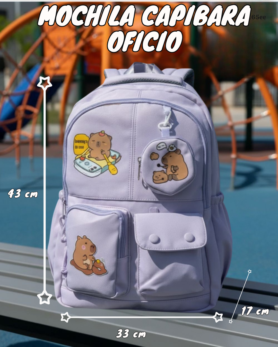Mochila Escolar Capibara Tamaño Oficio 43×32×17 cm | Lona Semiimpermeable + Estuche Colgante