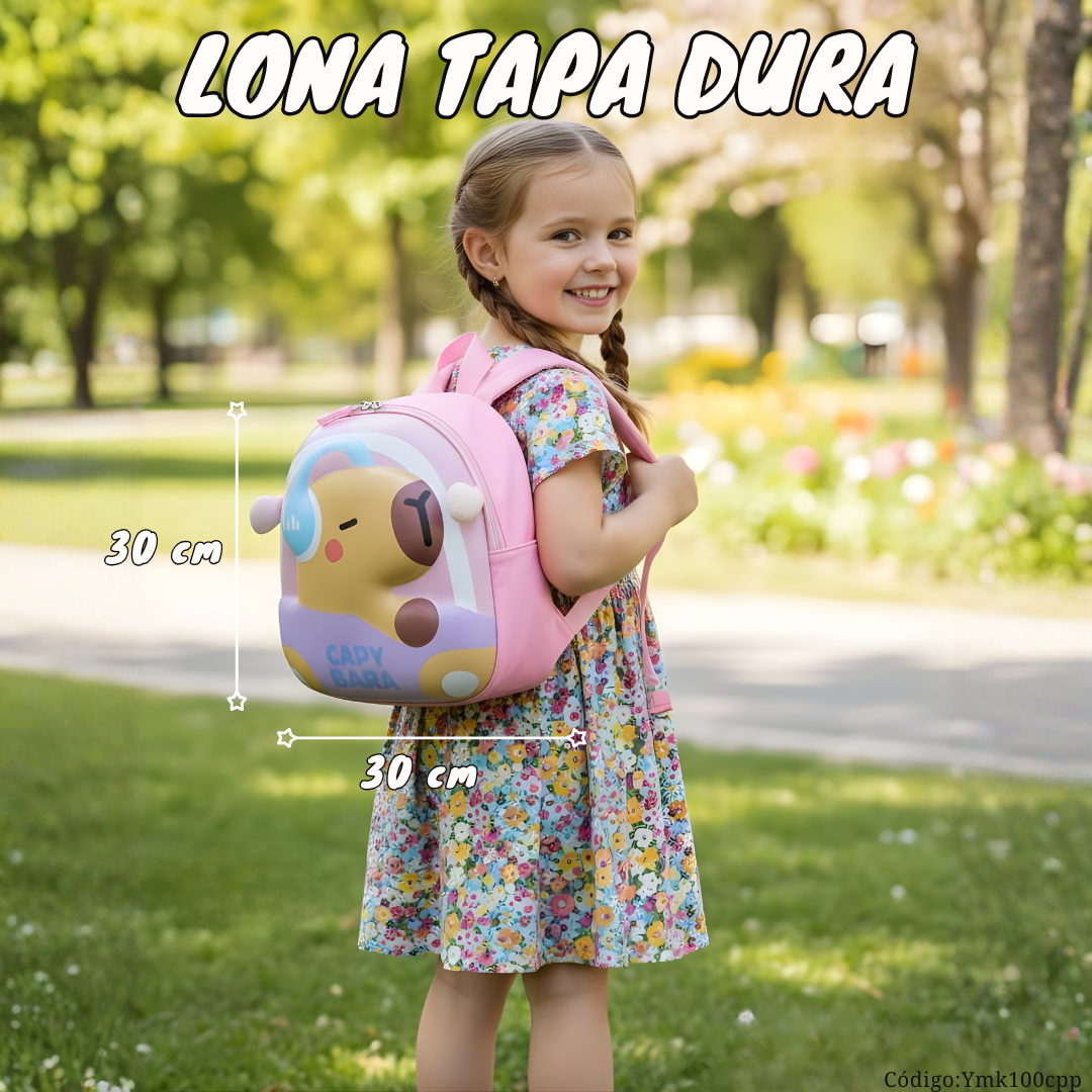 Mochila Infantil Capibara 30×30 cm | Lona + Tapa Dura 3D (Rosa / Café)