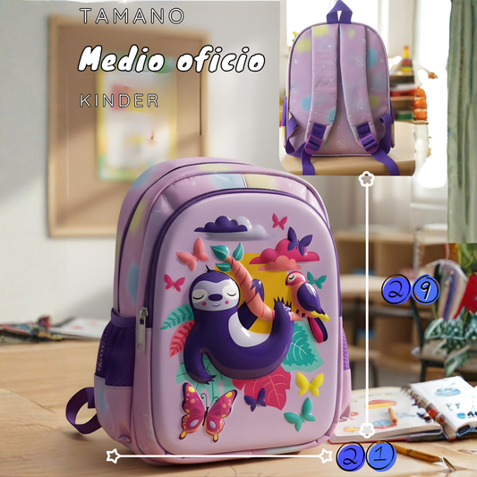 Mochila Infantil Kinder Medio Oficio 29×21 cm | Perrita Cute y Perezoso Tucán