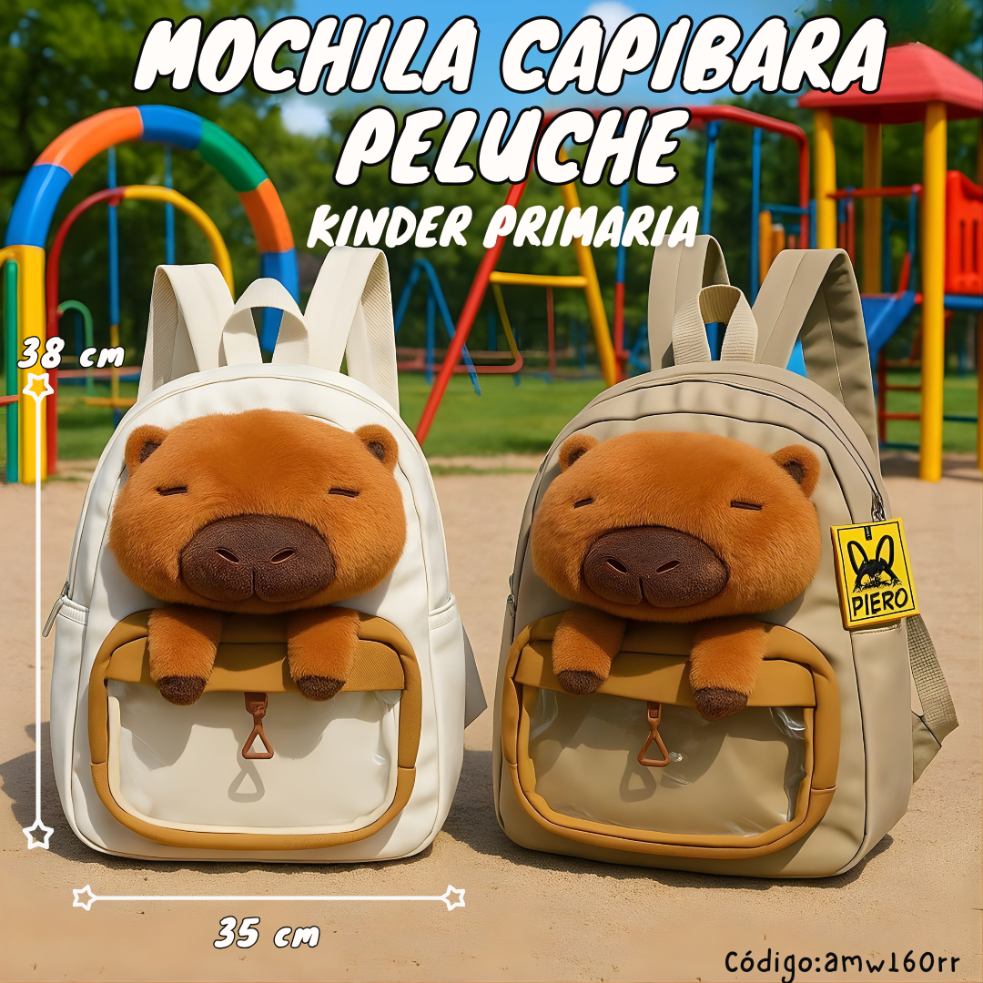 Mochila Capibara con Peluche 35×38×14 cm | Lona | Kinder y Primaria