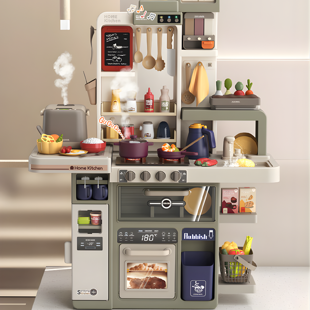 Cocina Infantil SY 88 Piezas con Spray Real (Agua) + Luces y Sonidos | Pizarra, Reciclaje y Dispensador (Modelo 285531)