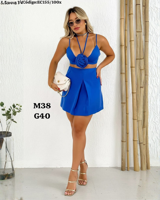 Conjunto 2 piezas Top con Flor + Falda Corta (Blanco/Fucsia/Verde) – EC155