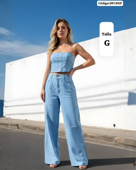 Conjunto jean delgado 2 piezas strapless con pantalón Palazzo para mujer | Mundo Carlita