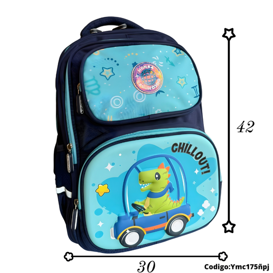 Mochila Escolar Infantil Primaria 42×30 cm con Bolsillos | Variantes Dino y Arcoíris