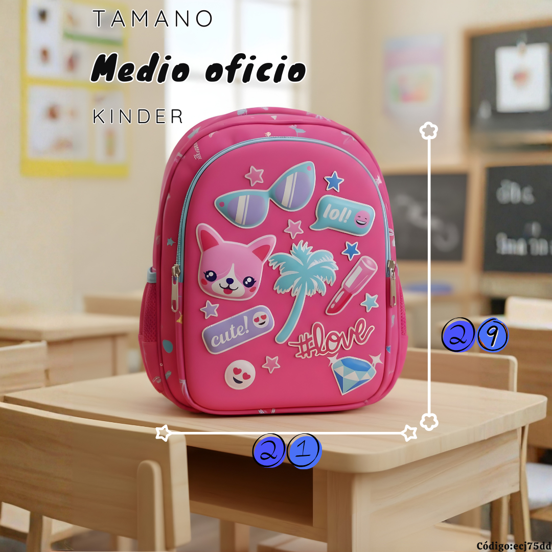 Mochila Infantil Kinder Medio Oficio 29×21 cm | Perrita Cute y Perezoso Tucán
