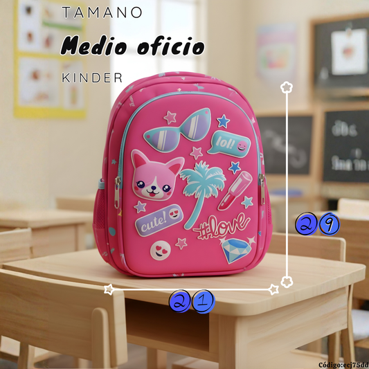 Mochila Infantil Kinder Medio Oficio 29×21 cm | Perrita Cute y Perezoso Tucán