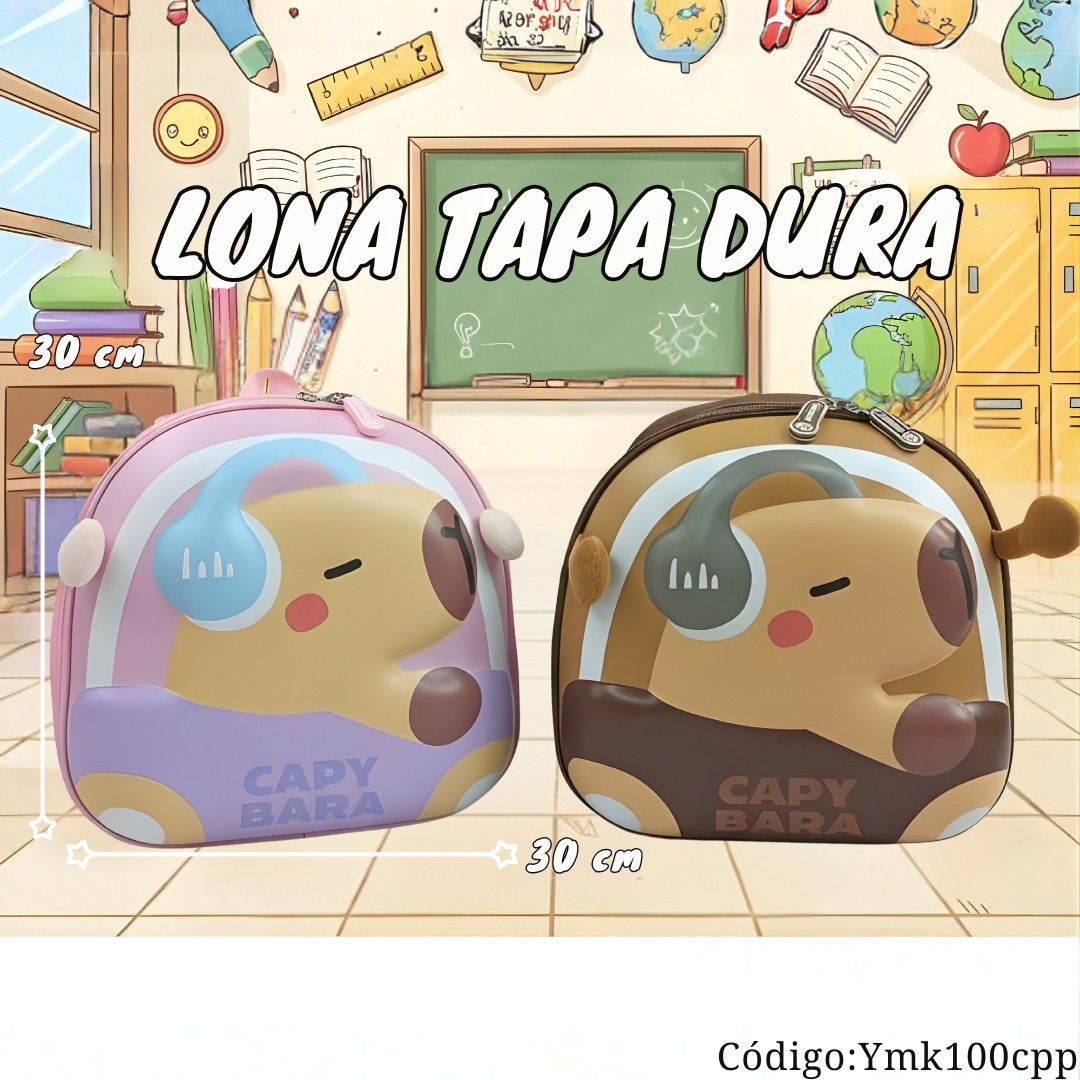 Mochila Infantil Capibara 30×30 cm | Lona + Tapa Dura 3D (Rosa / Café)