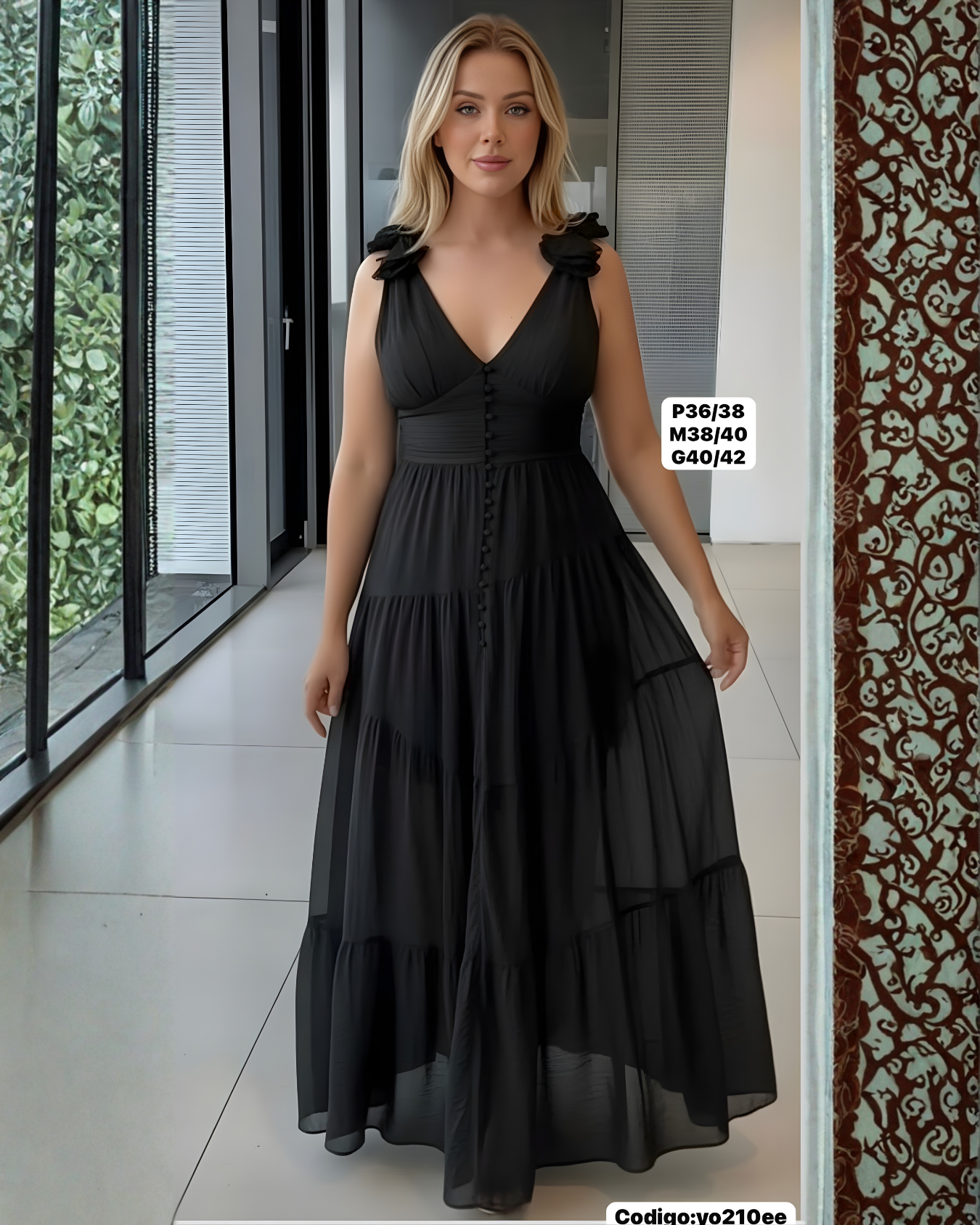 Vestido Largo con Botones y Escote V – 4 Colores (Blanco, Mantequilla, Negro, Rojo)