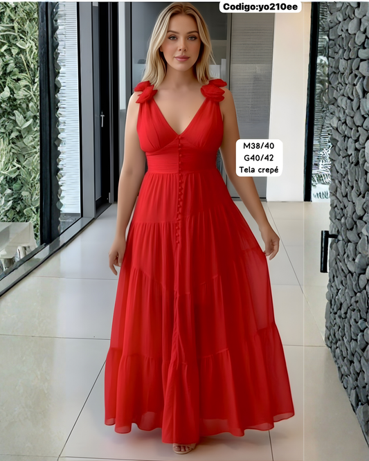 Vestido Largo con Botones y Escote V – 4 Colores (Blanco, Mantequilla, Negro, Rojo)