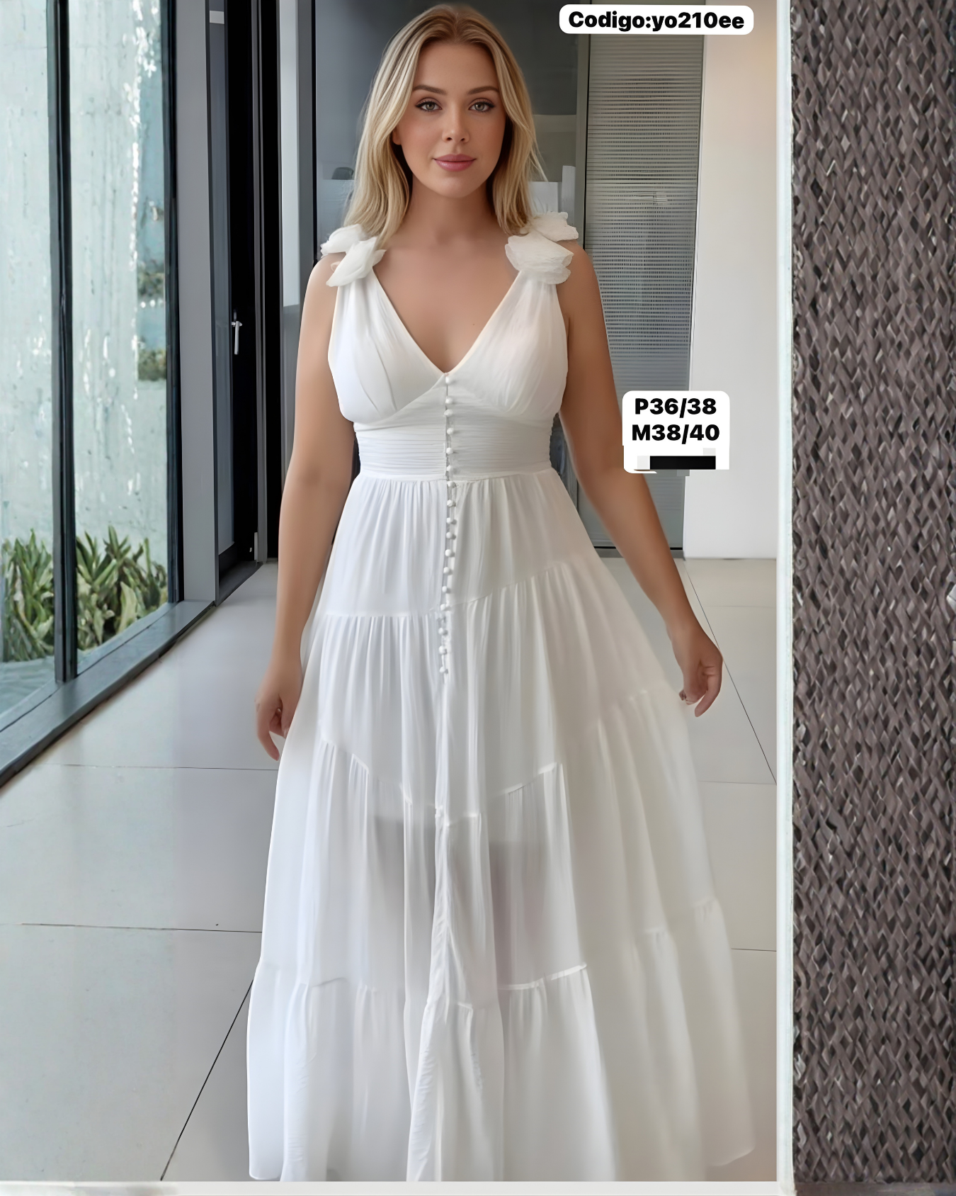 Vestido Largo con Botones y Escote V – 4 Colores (Blanco, Mantequilla, Negro, Rojo)