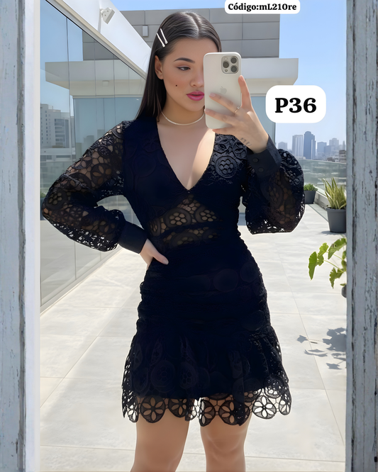 Vestido de Encaje “Noche Bella” – Manga Larga y Corte Sirena Corto