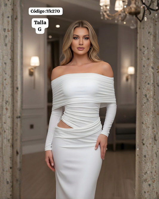 Vestido Largo “Gala Satin” – Hombros Descubiertos y Corte que Estiliza