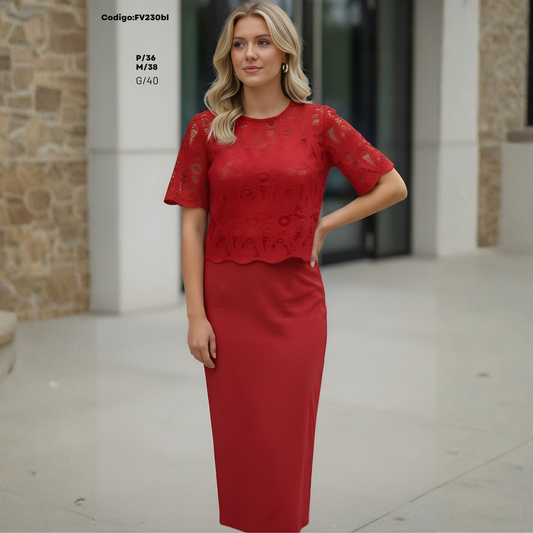 Conjunto Elegante de Encaje + Falda Lápiz Midi (2 Piezas) – Look Sofisticado