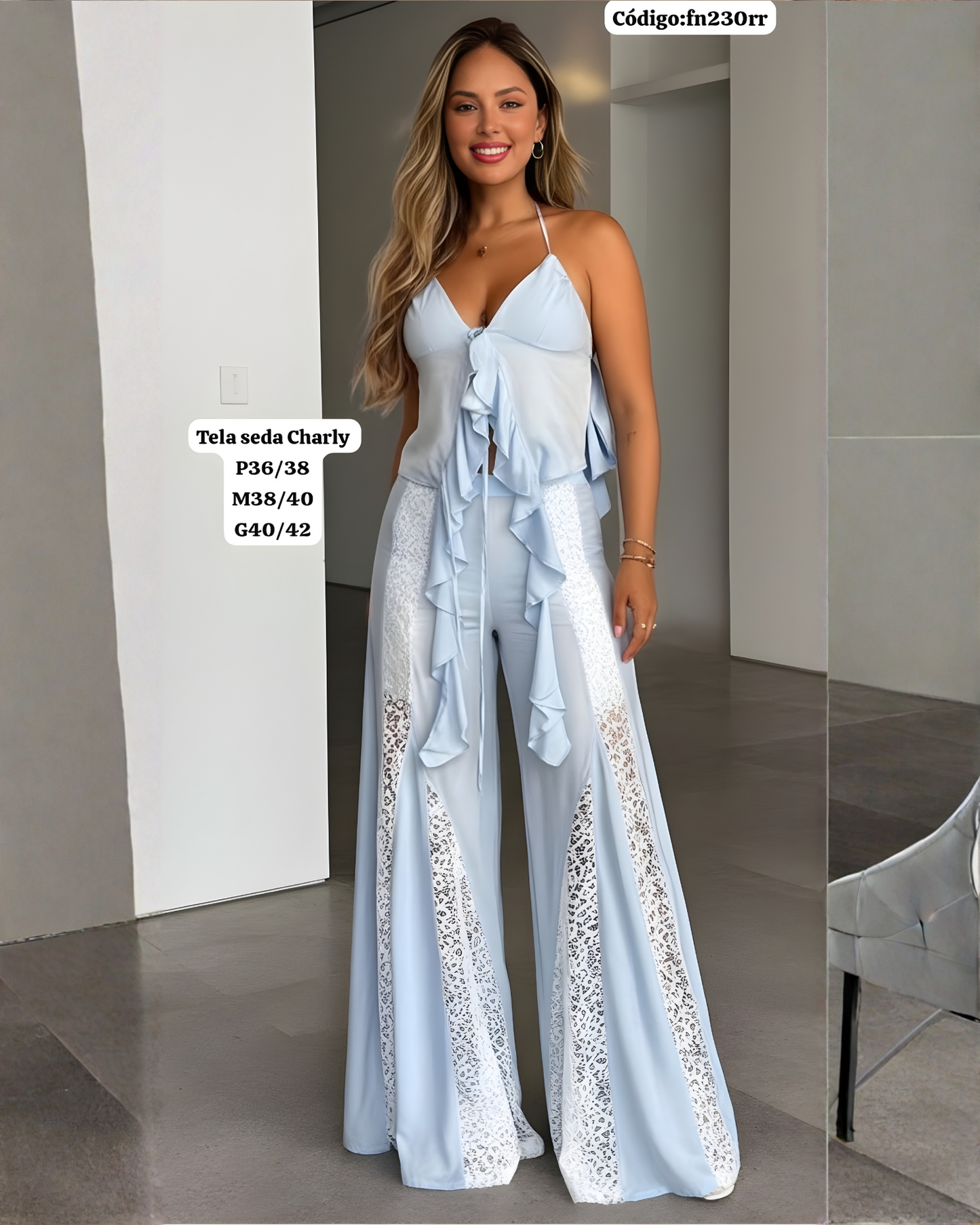 Conjunto Seda Charly con Encaje: Top con Volados + Palazzo Elegante