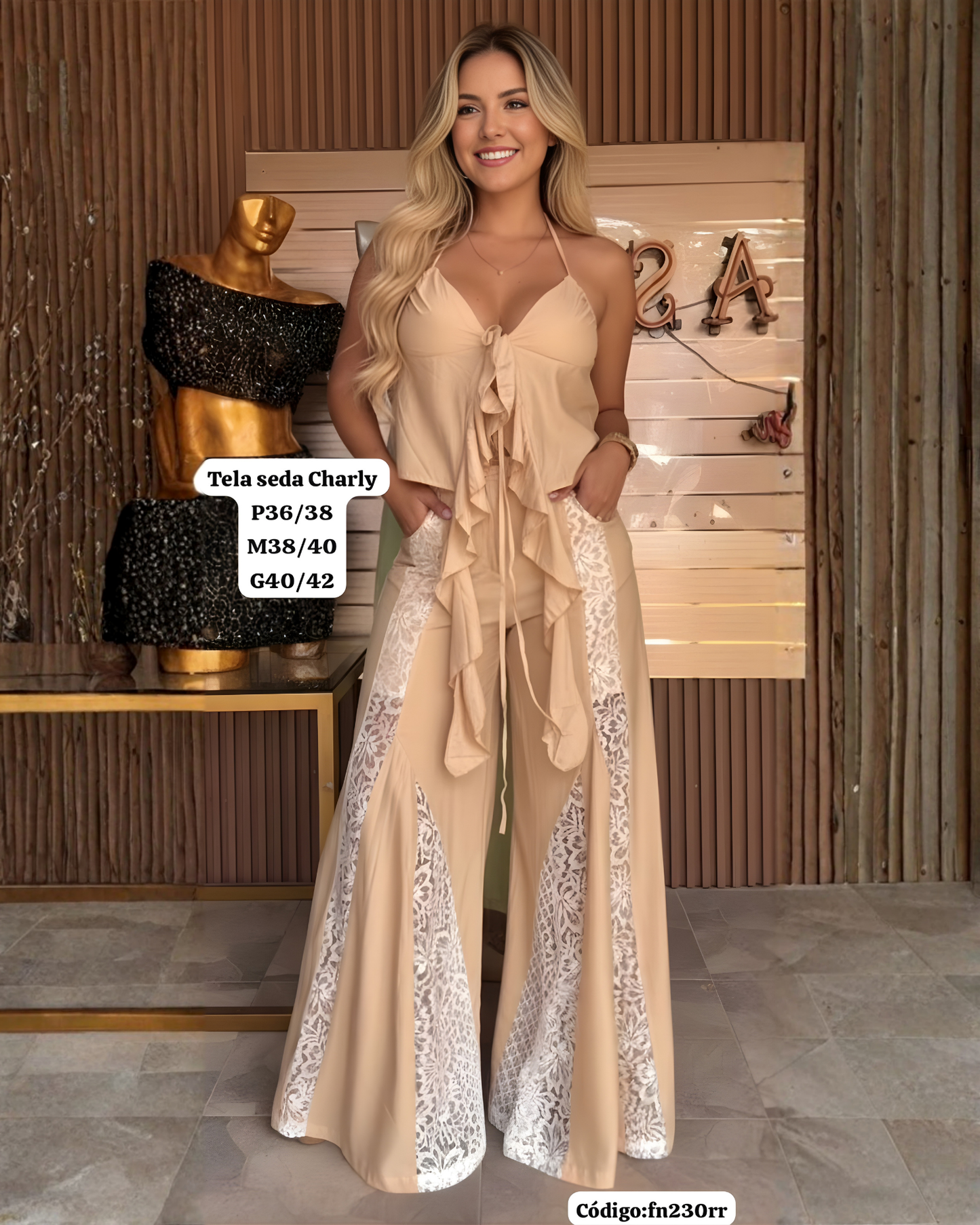 Conjunto Seda Charly con Encaje: Top con Volados + Palazzo Elegante