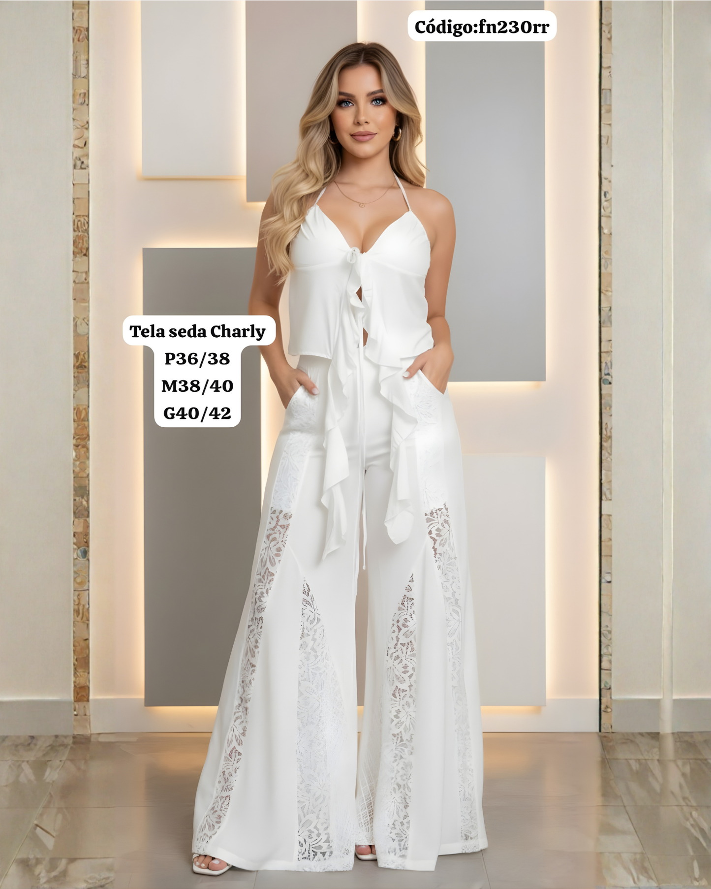 Conjunto Seda Charly con Encaje: Top con Volados + Palazzo Elegante