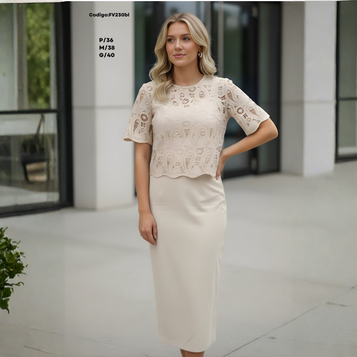 Conjunto Elegante de Encaje + Falda Lápiz Midi (2 Piezas) – Look Sofisticado