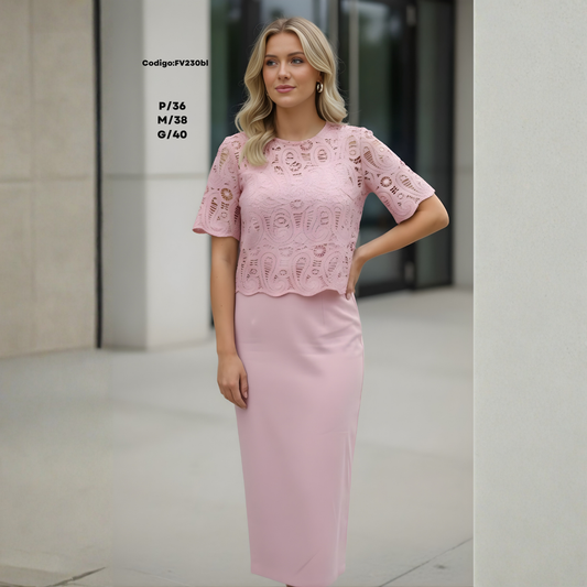 Conjunto Elegante de Encaje + Falda Lápiz Midi (2 Piezas) – Look Sofisticado