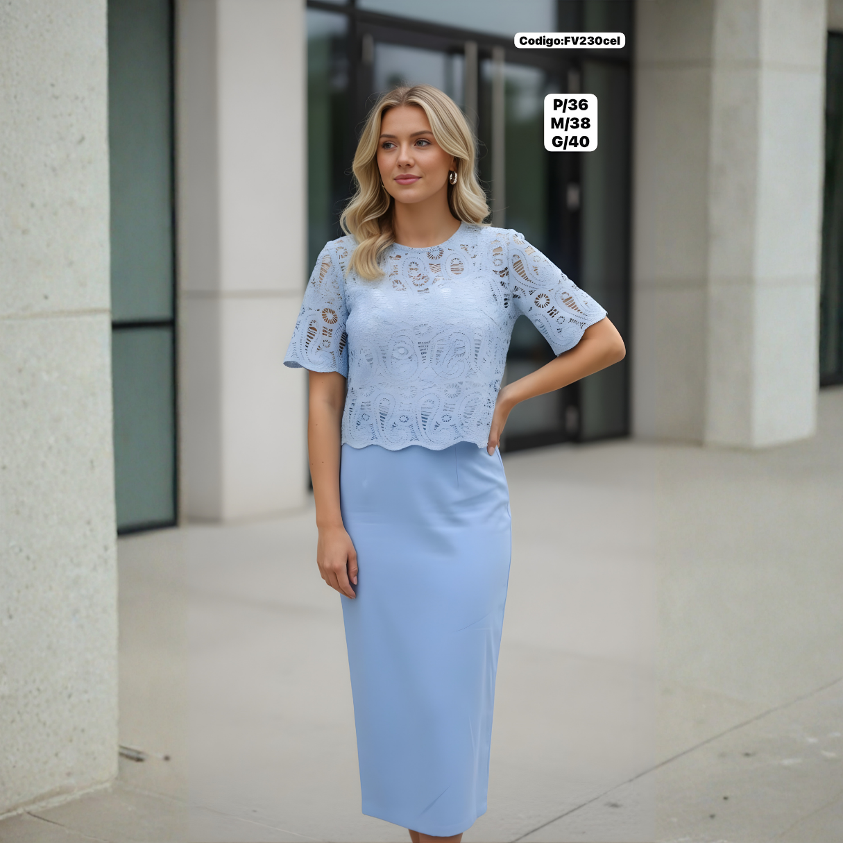 Conjunto Elegante de Encaje + Falda Lápiz Midi (2 Piezas) – Look Sofisticado