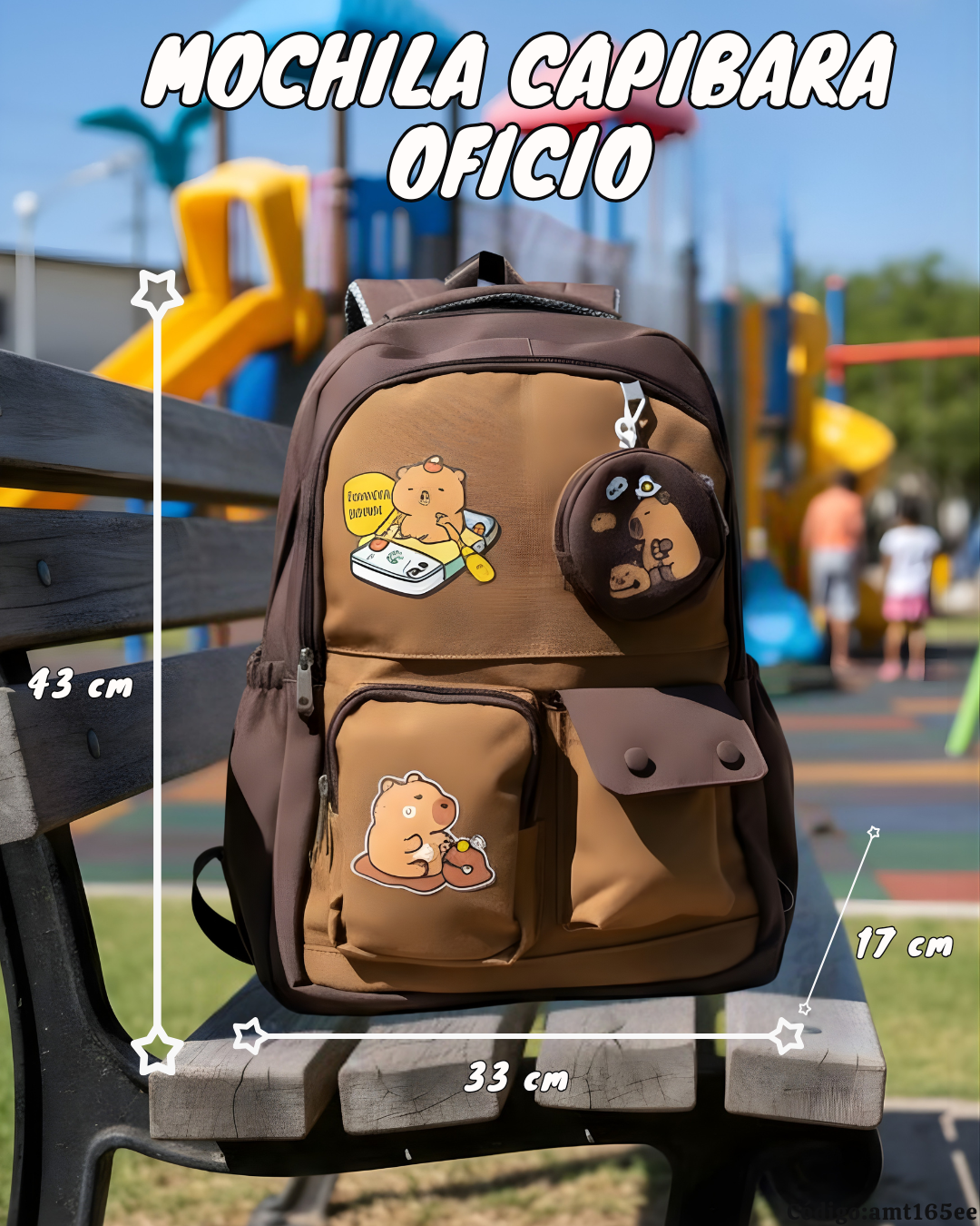 Mochila Escolar Capibara Tamaño Oficio 43×32×17 cm | Lona Semiimpermeable + Estuche Colgante